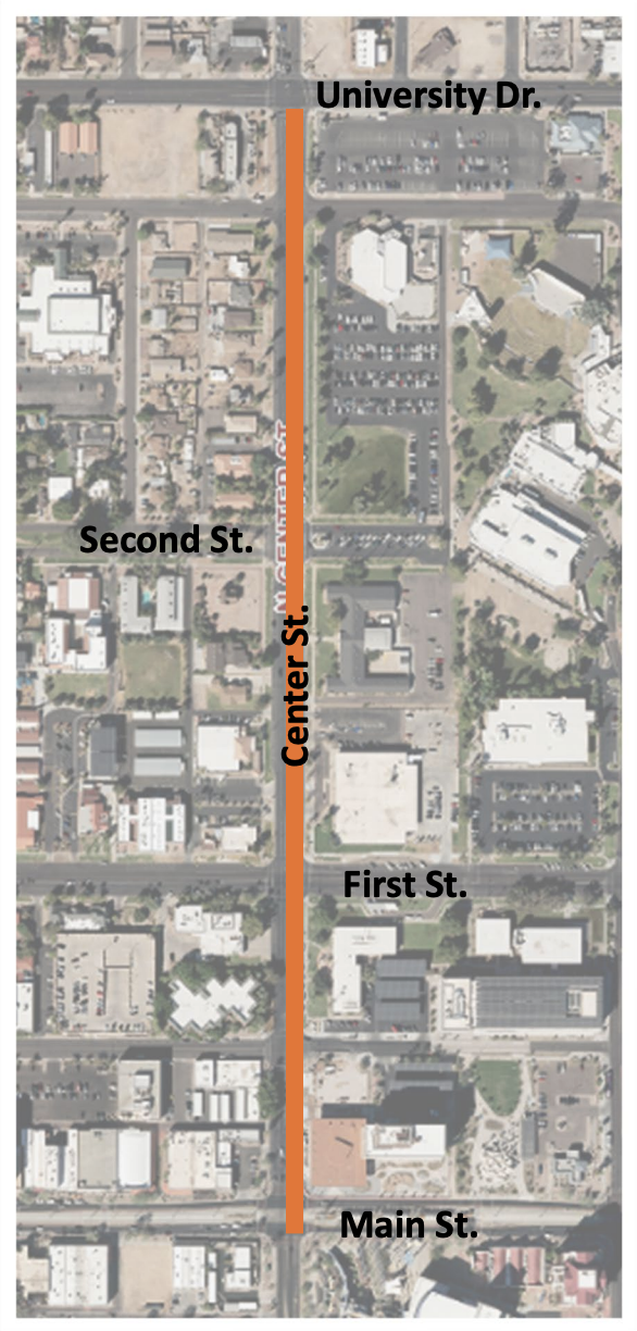 Center Street project map from Main Street to University Drive