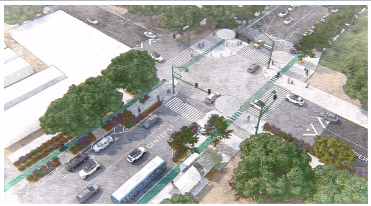Rendering of downtown Center Street with protected bike lanes and improved pedestrian areas